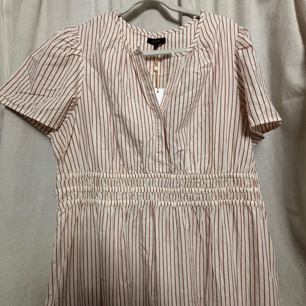Quince Maternity Organic Cotton Poplin Tiered Maxi Terracotta Stripe Med NWT